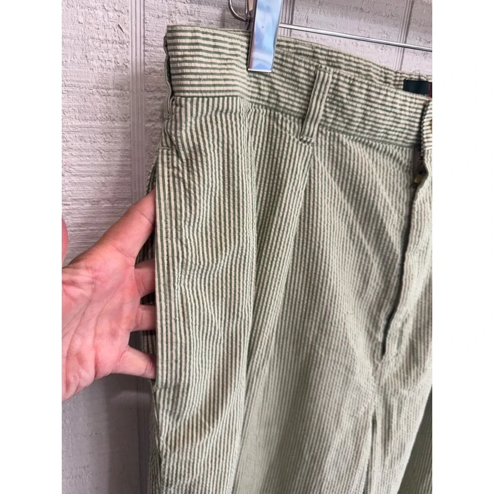 J.Crew Pleated Trousers Mens Green White Seersucker Striped Cotton Pants 33